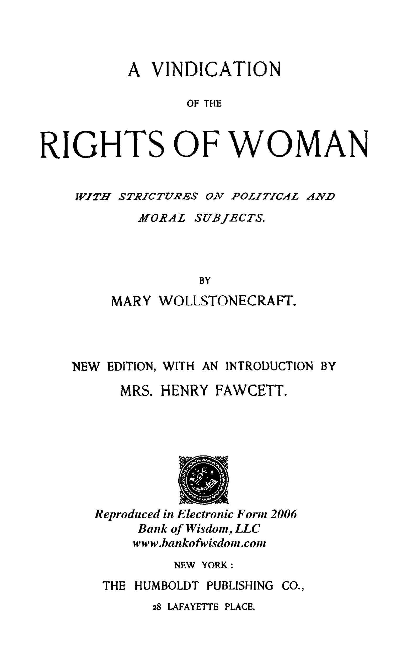 (image for) A Vindication of the Rights of Women